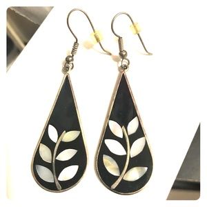 Art Deco silver & mother-of-pearl & black leaf design pierced earrings Vintage